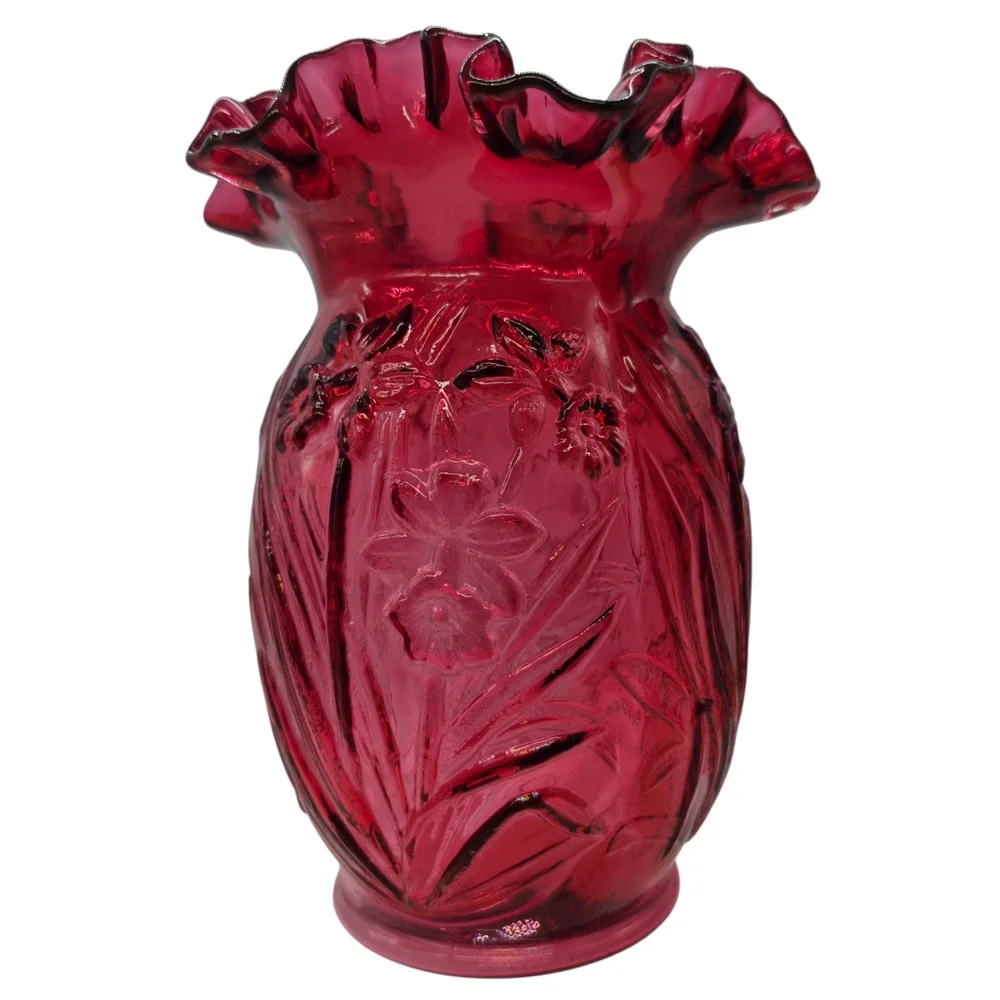 VINTAGE FENTON CRANBERRY RUFFLED DAFFODIL VASE CRIMPED RUFFLED TOP 8